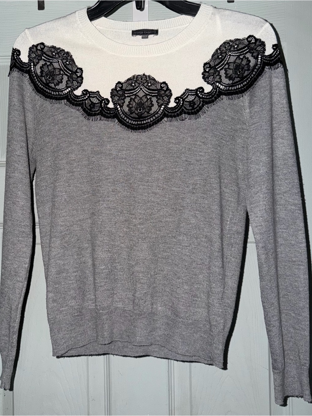 Vince Camuto Lace Yoke Colorblock Sweater Ivory Gray Petite XS